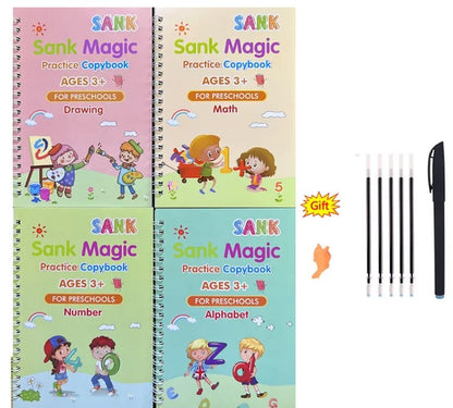 4Pcs Sank Magic Practice Copybook Pen Preschools Kids Calligraphy English Verison Free Wiping Children Reusable Writing Book